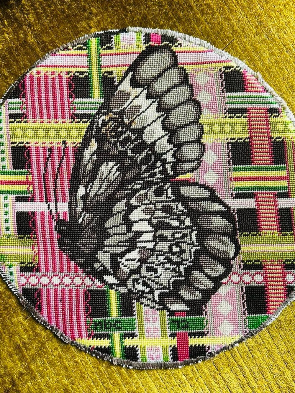 Vintage 1970’s Butterfly Round Cross Stitch Patch Plaid Design Large